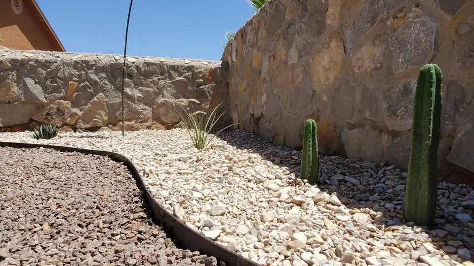A xeriscaped garden in Phoenix Arizona. Landscape rock and plantings done by ScapeMakers Artificial Turf and Pavers.